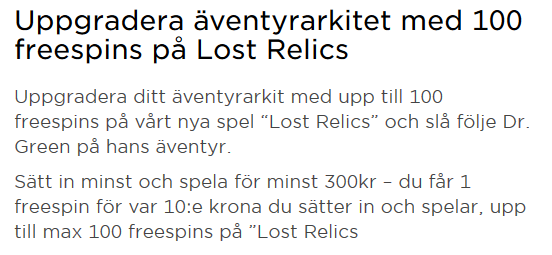 MrGreen få hela 100 freespins på Lost Relics!