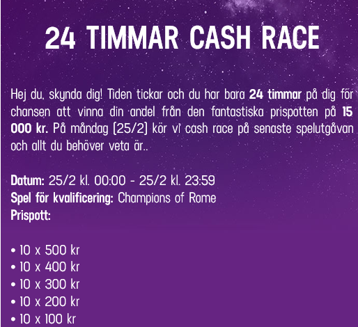 Tävla om 15 000 kr i 24 timmar cash race på LuckyCasino!